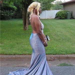 Shimmering Backless Evening Dress in Silver and Blue